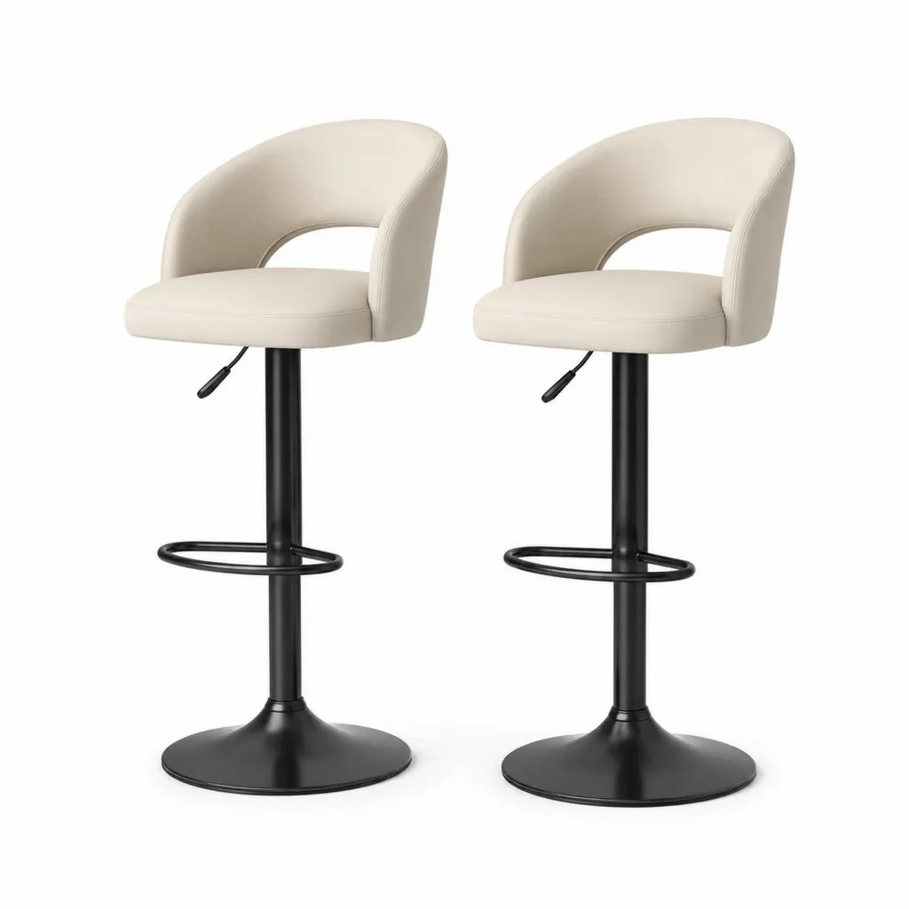 2er Set Barhocker mit Armlehnen hohenverstellbar aus PU-Kunstleder Creme 49 x 50 x 91-112 cm