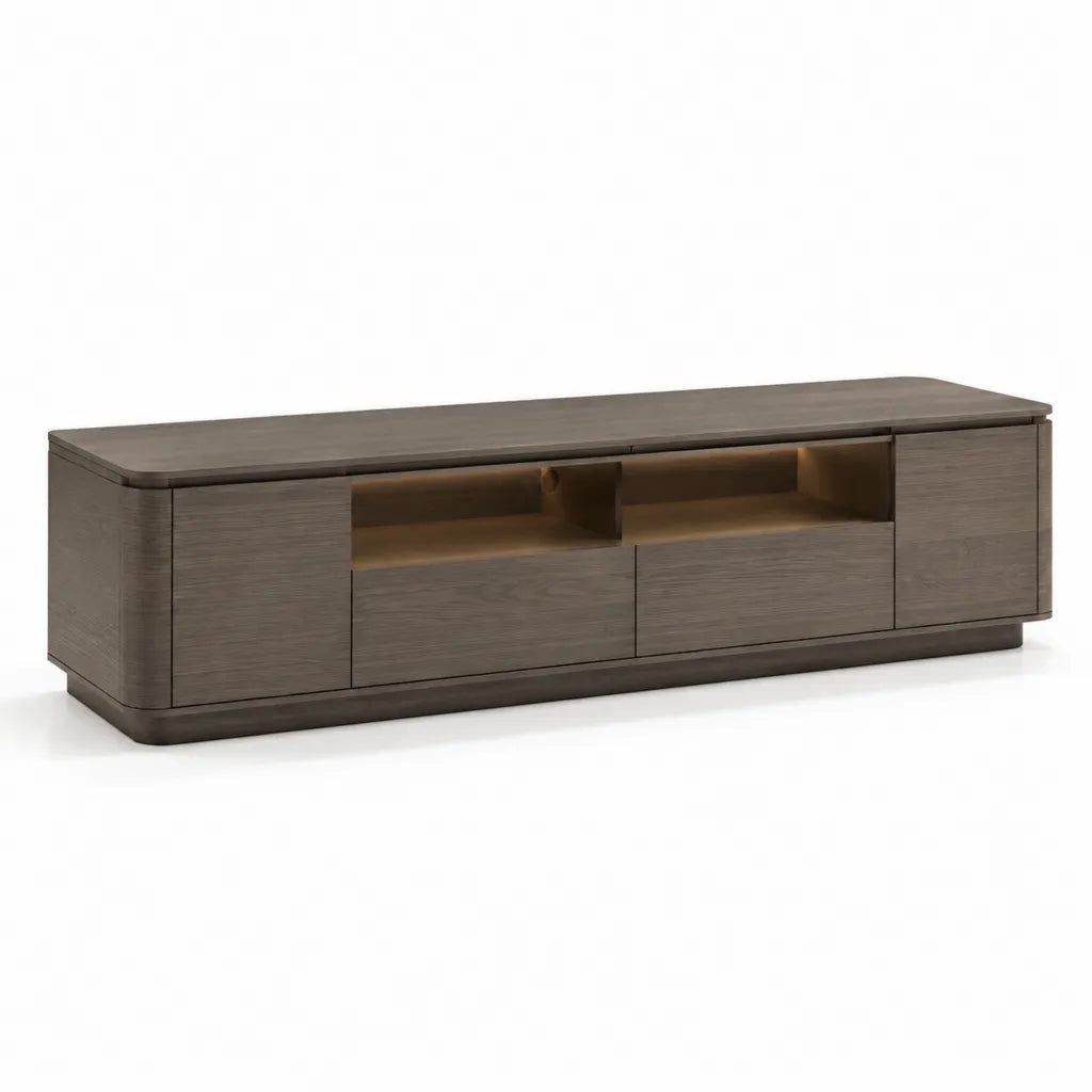 TV-Lowboard mit 2 Turen 2 Schubladen und offenen Fachern aus MDF in Dunkelbraun 200 x 45 x 55 cm