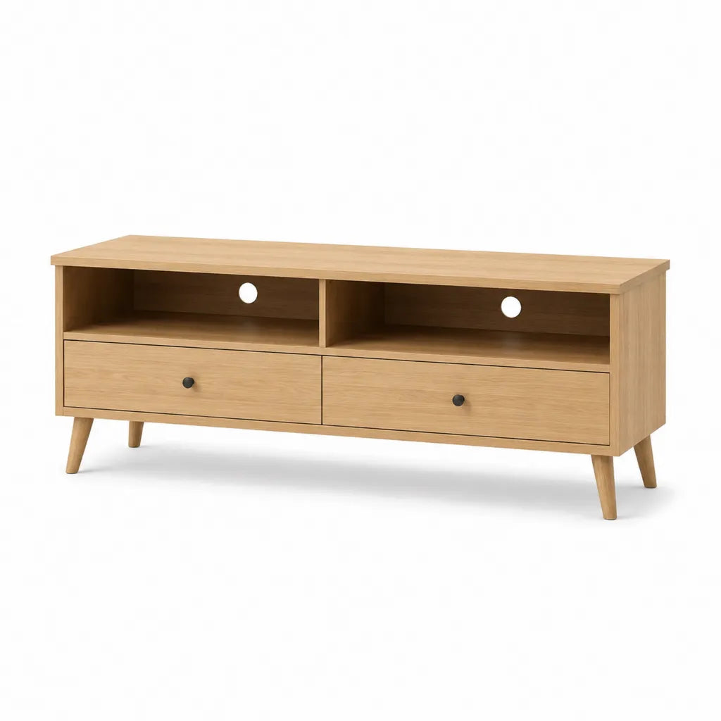 TV-Lowboard mit 2 Schubladen und Kabeldurchfuhrungen aus Holzwerkstoff mit Eichenfurnier rechteckig Natur 140 x 40 x 60 cm