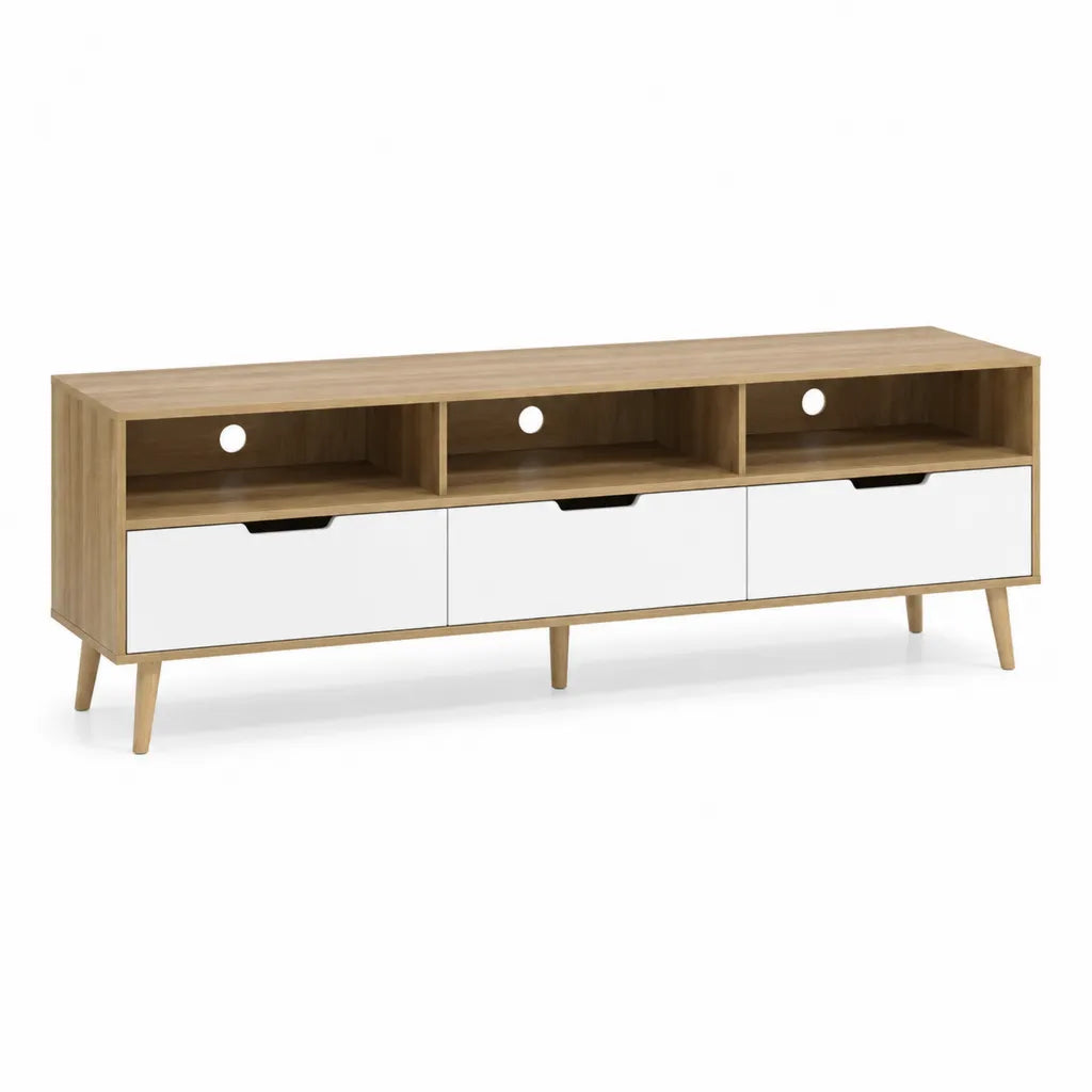 TV-Lowboard 160 x 40 x 60 cm aus Spanplatte rechteckig Eiche-Optik Weiss mit 3 Schubladen und 3 offenen Fachern