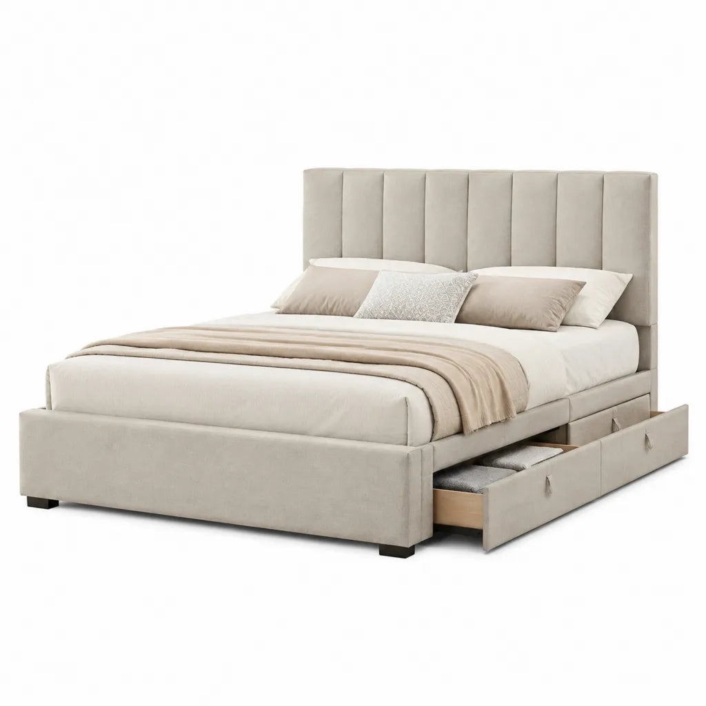 Polsterbett Stauraumbett mit 2 Schubladen 180 x 200 cm Polyester Beige