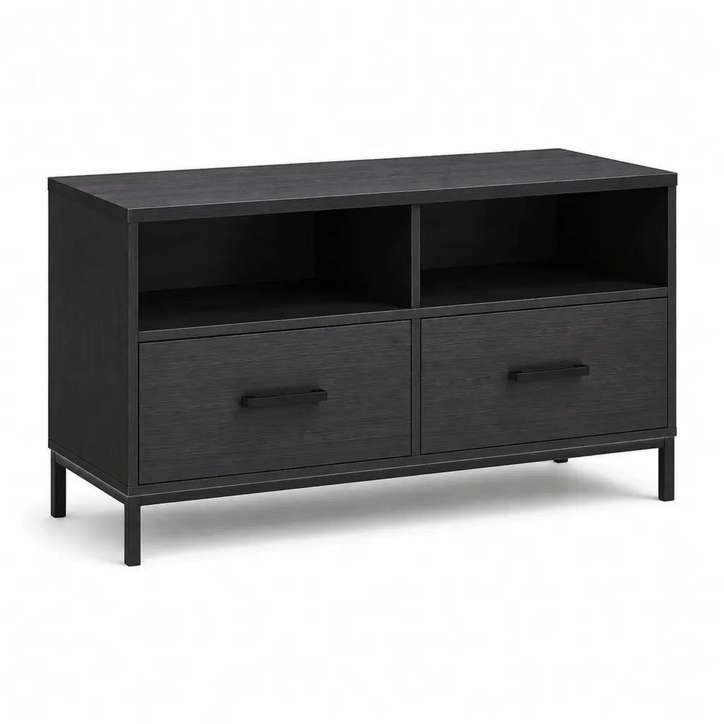 TV-Schrank mit 2 Schubladen und 2 offenen Fachern aus Spanplatte und Stahl rechteckig schwarz 100 x 40 x 70 cm