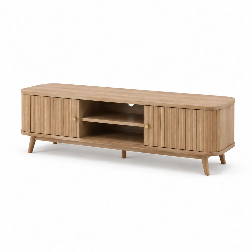 TV Lowboard 180 x 40 x 55 cm aus MDF mit Eichenfurnier in Natur mit 2 Schiebeturen