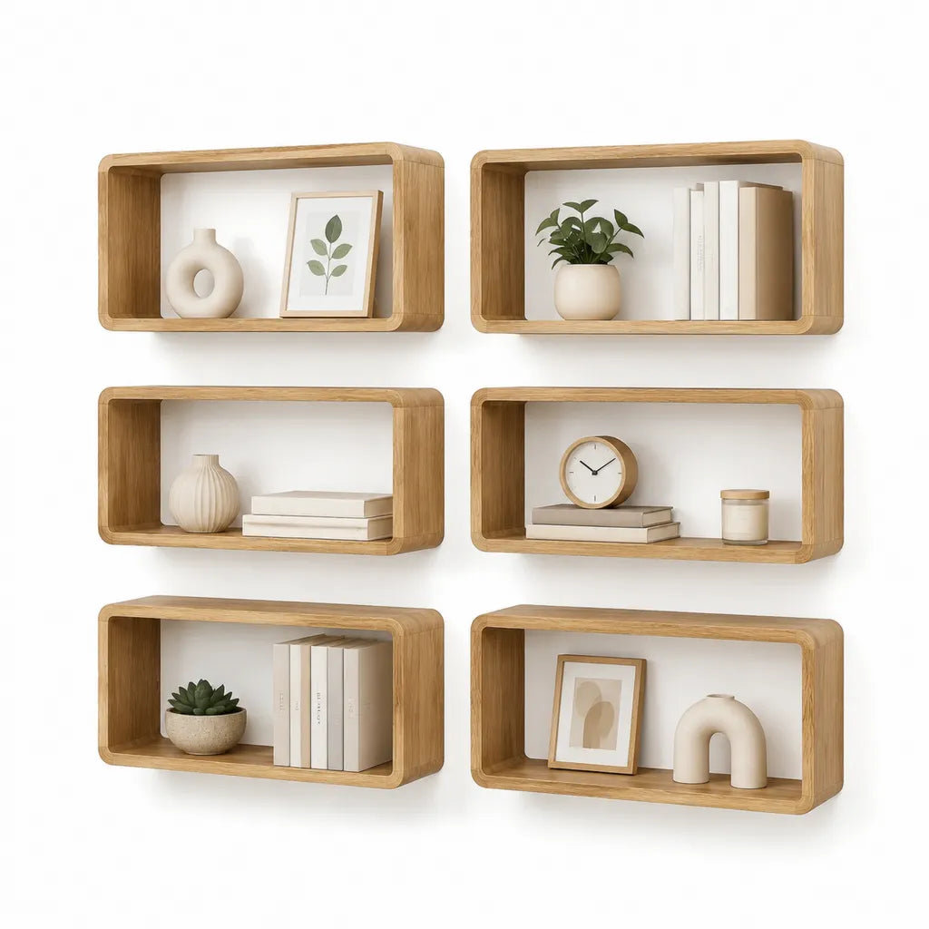 6er Set Wandregale aus Bambus rechteckig abgerundet in Natur 40 x 20 x 15 cm