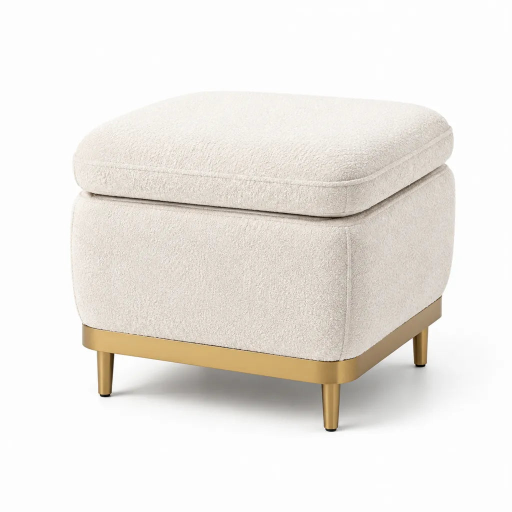 Polsterhocker 55 x 45 x 43 cm Polyester-Boucle rechteckig Creme mit goldfarbenen Stahlfussen
