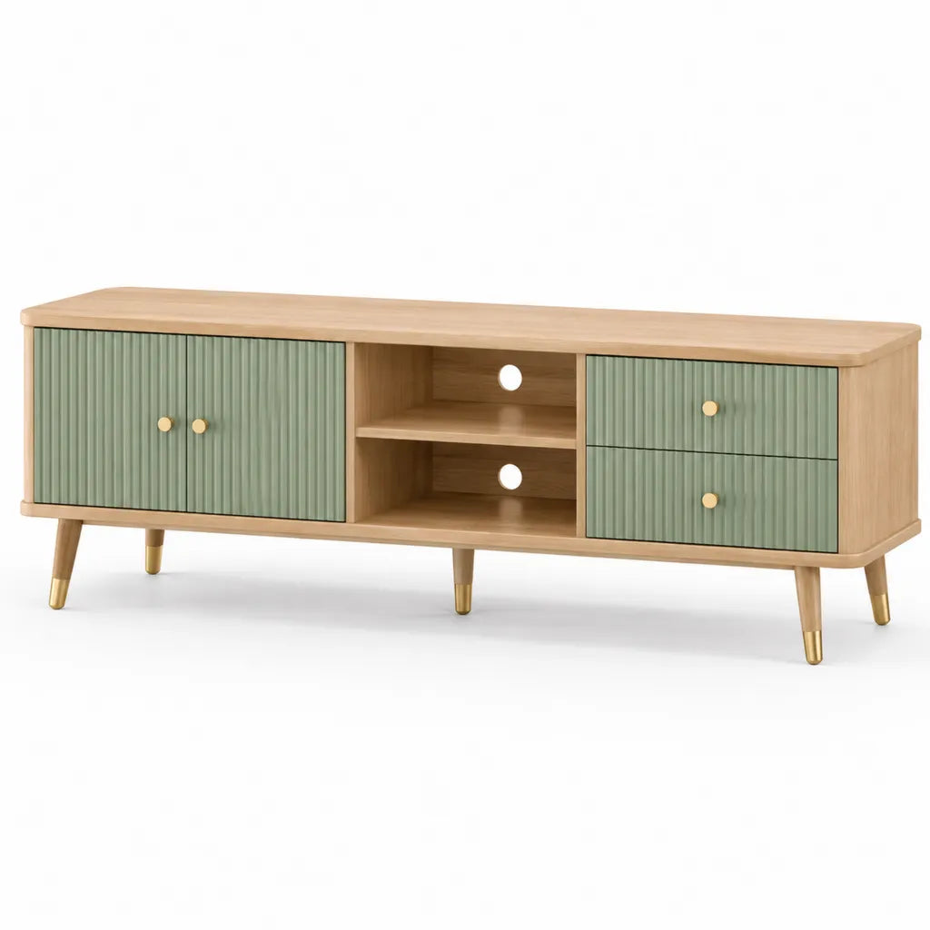 TV Lowboard 160 x 40 x 60 cm aus MDF und Gummibaumholz rechteckig Natur Salbeigrun mit 2 Turen und 2 Schubladen