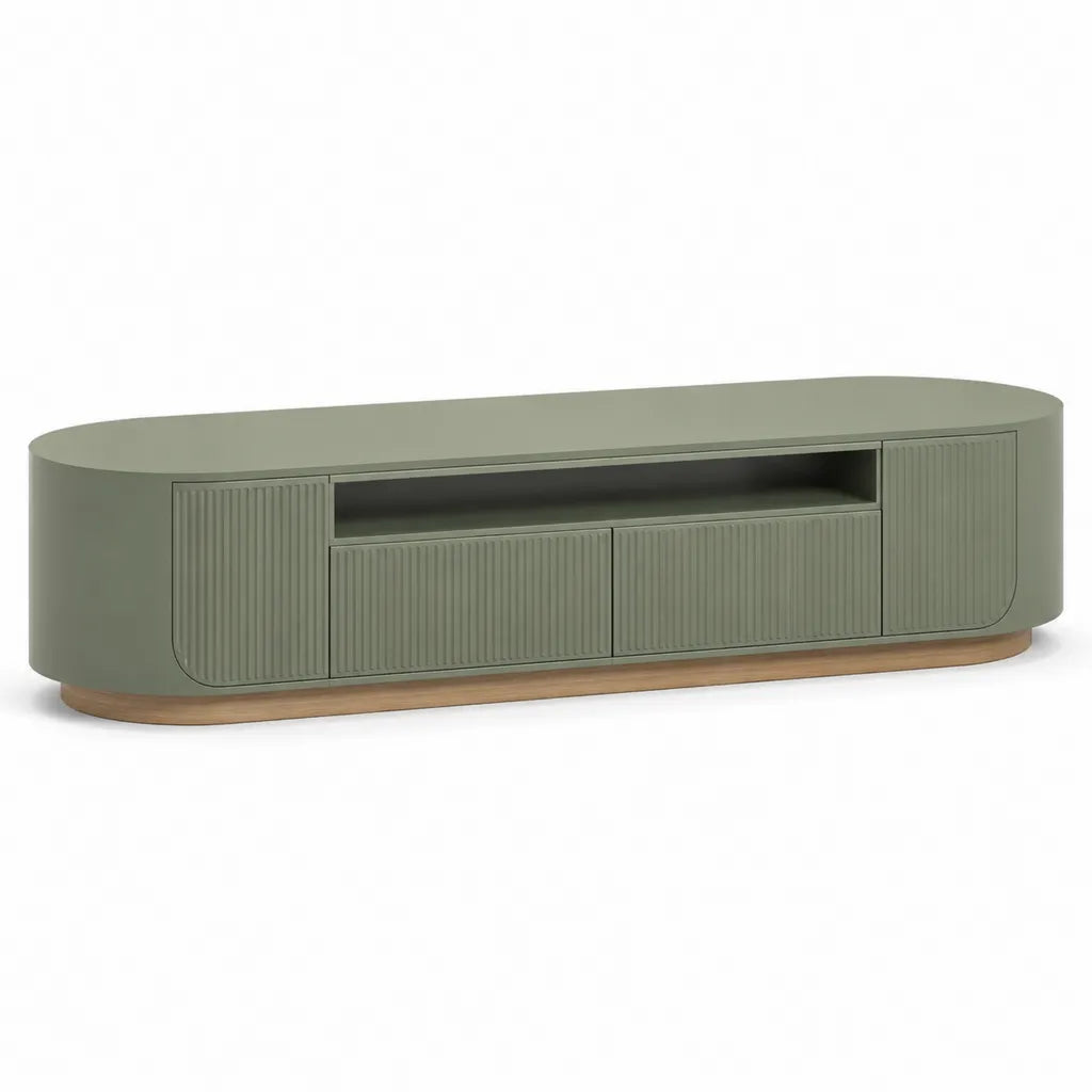 TV Lowboard mit 3 Turen und offenem Fach aus MDF in Olivgrun Naturholz 180 x 40 x 50 cm