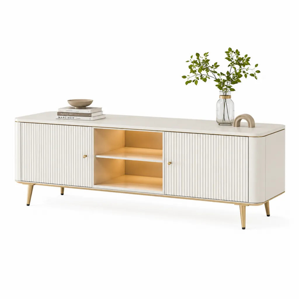 TV-Lowboard 180 x 40 x 55 cm aus MDF Weiss Gold rechteckig mit 2 Schiebeturen und offenen Fachern