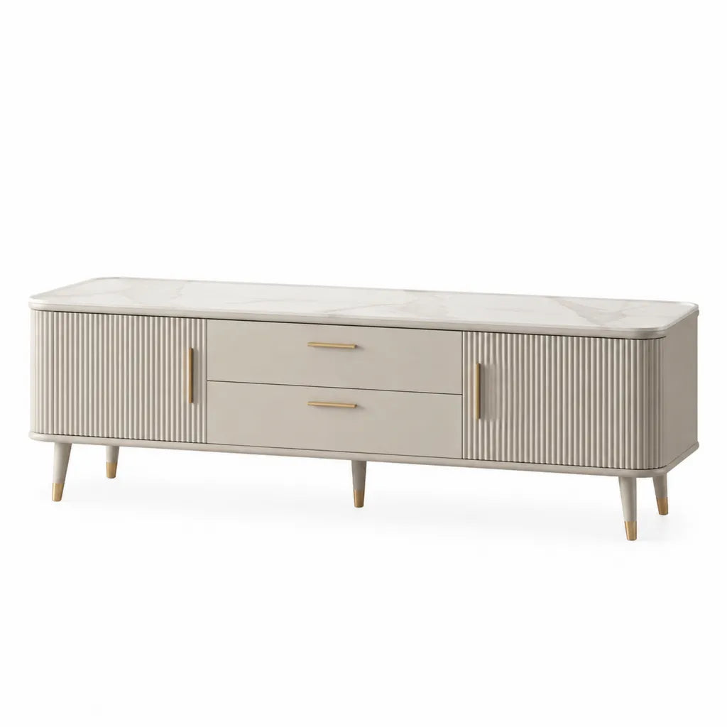 TV Lowboard 180 x 40 x 50 cm aus MDF mit Keramikplatte rechteckig Cremeweiss Gold
