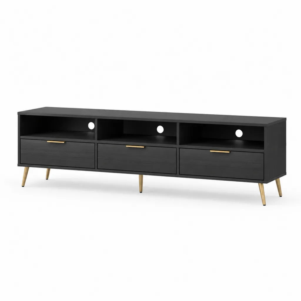 TV-Lowboard mit 3 Schubladen und 3 offenen Fachern Spanplatte rechteckig Schwarz Gold 180 x 40 x 50 cm