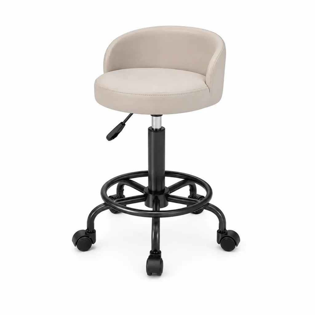 Burohocker Drehstuhl mit Ruckenlehne Fussring Rollen PU-Kunstleder Beige 60 x 60 x 82-102 cm