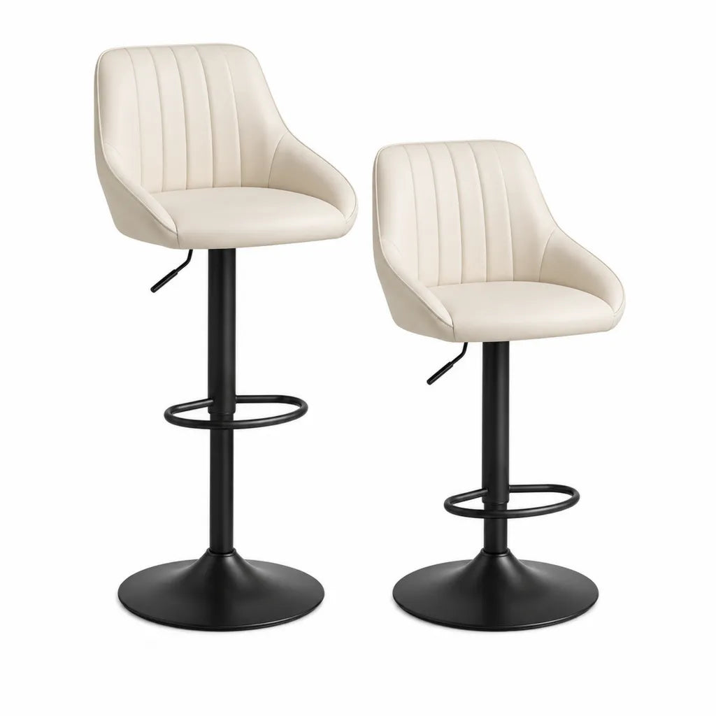 2er Set Barhocker hohenverstellbar mit PU-Kunstlederbezug und runder Bodenplatte Elfenbein Schwarz 50 x 52 x 91-113 cm