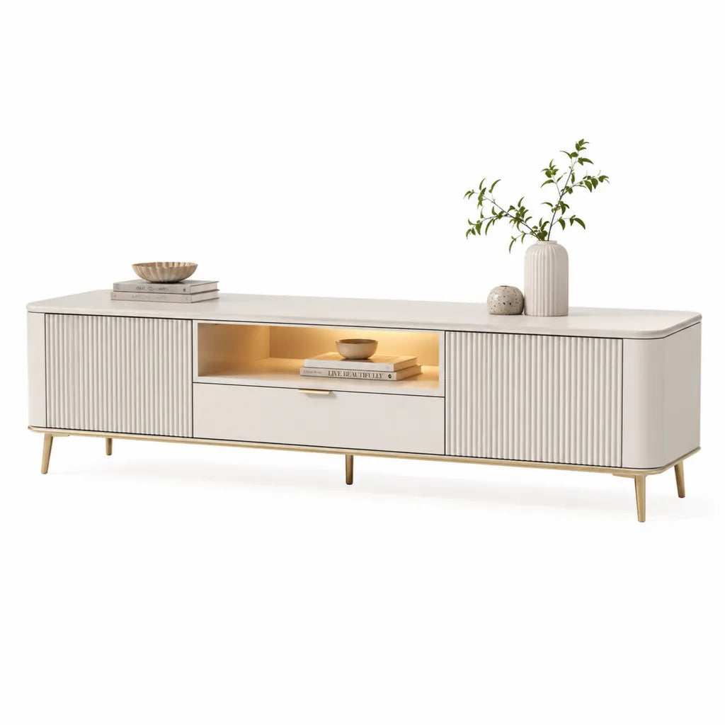 TV-Lowboard mit beleuchtetem Fach MDF Rechteck Weiss Gold 200 x 40 x 55 cm
